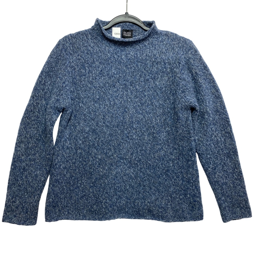 Eileen Fisher Wool Sweater Womens XS Blue Mock Neck Marled Knit Italian Yarn